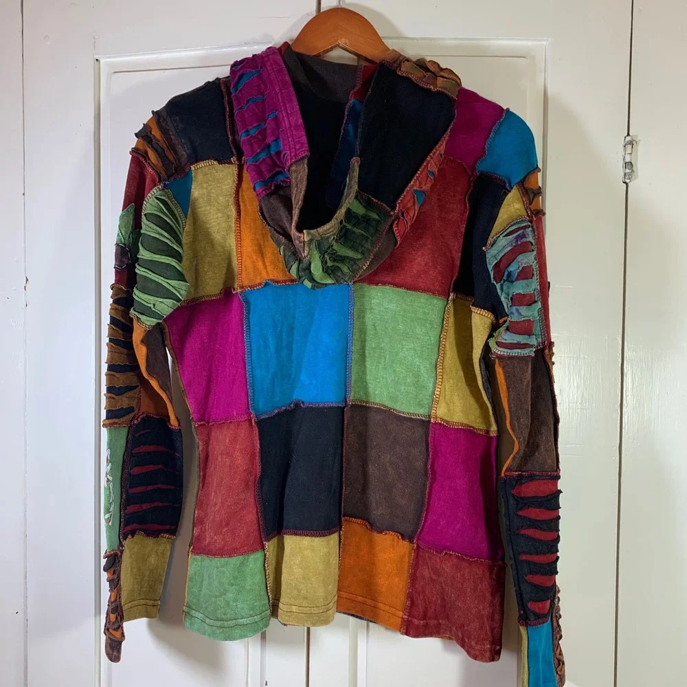Boho Patchwork Hoodie‎ L Nepal Cotton Embroidered Festival Hippie Cottagecore